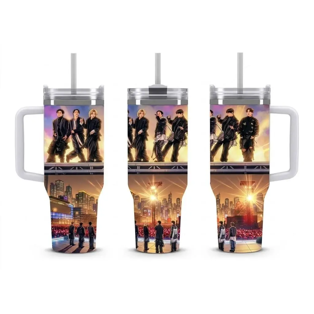 Bangtan Inspired OT7 40oz Tumbler, Kpop Stage Fan Art Travel Mug with Handle, Gift for Kpop Fans, Birthday Christmas