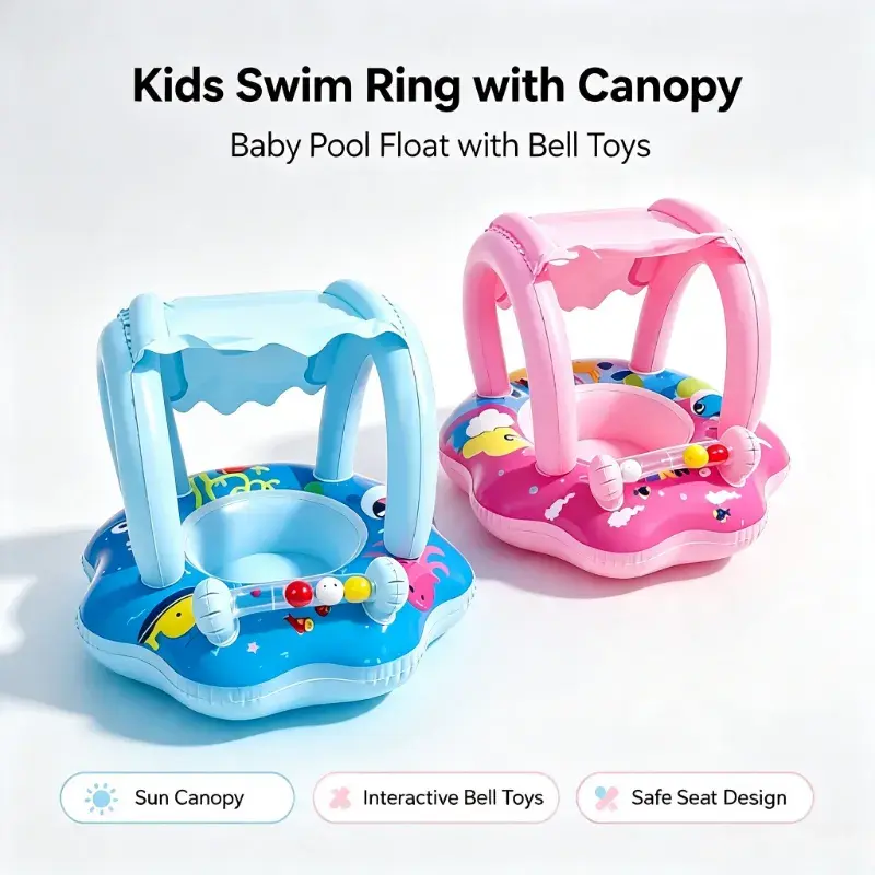 Anti-Rollover Baby Inflatable Swim Seat with Sun Canopy, Toddler Float Ring with Shade Canopy, Stable Kids Swimming Float Chair for Summer Pool Water Play & Summer Water Play Activities pool party fun