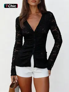 Women's Lace Polo Neck Tight-Fitting Top Blouse, Stylish Women's Clothing, Perfect for Casual Wear & Daily, Comfortable Fit Design