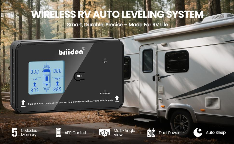 briidea Wireless RV Auto Leveling System, Smart Bluetooth App Control, 5 Custom Preset Modes, Dual Power Supply, Easy DIY Installation for Motorhomes, Trailers, Campers, and 5th Wheels