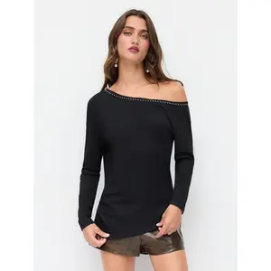 Cider Asymmetrical Neck Rivet Detail Long Sleeve Top Dealsforyou