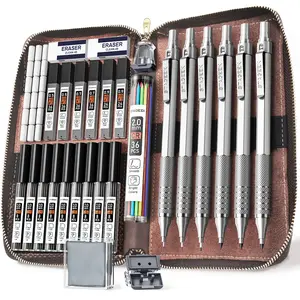 STAGEEK 30Pcs Art Metal Mechanical Pencil Set with Leather Case, 6PCS Art Drafting Pencils 0.5, 0.7, 0.9, 2.0MM Mechanical Drawing Pencils with 300PCS Leads for Writing Sketching Drawing (Silver/Black)