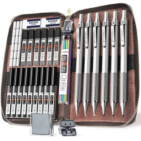STAGEEK 30Pcs Metal Mechanical Drawing Pens Set with Leather Pencil Bag, 6 Drafting Tools (0.5/0.7/0.9/2.0MM), 300+ Leads, Metal Grips, 1x Kneaded Eraser for Architectural Working Office Stationery (Silver/Black)
