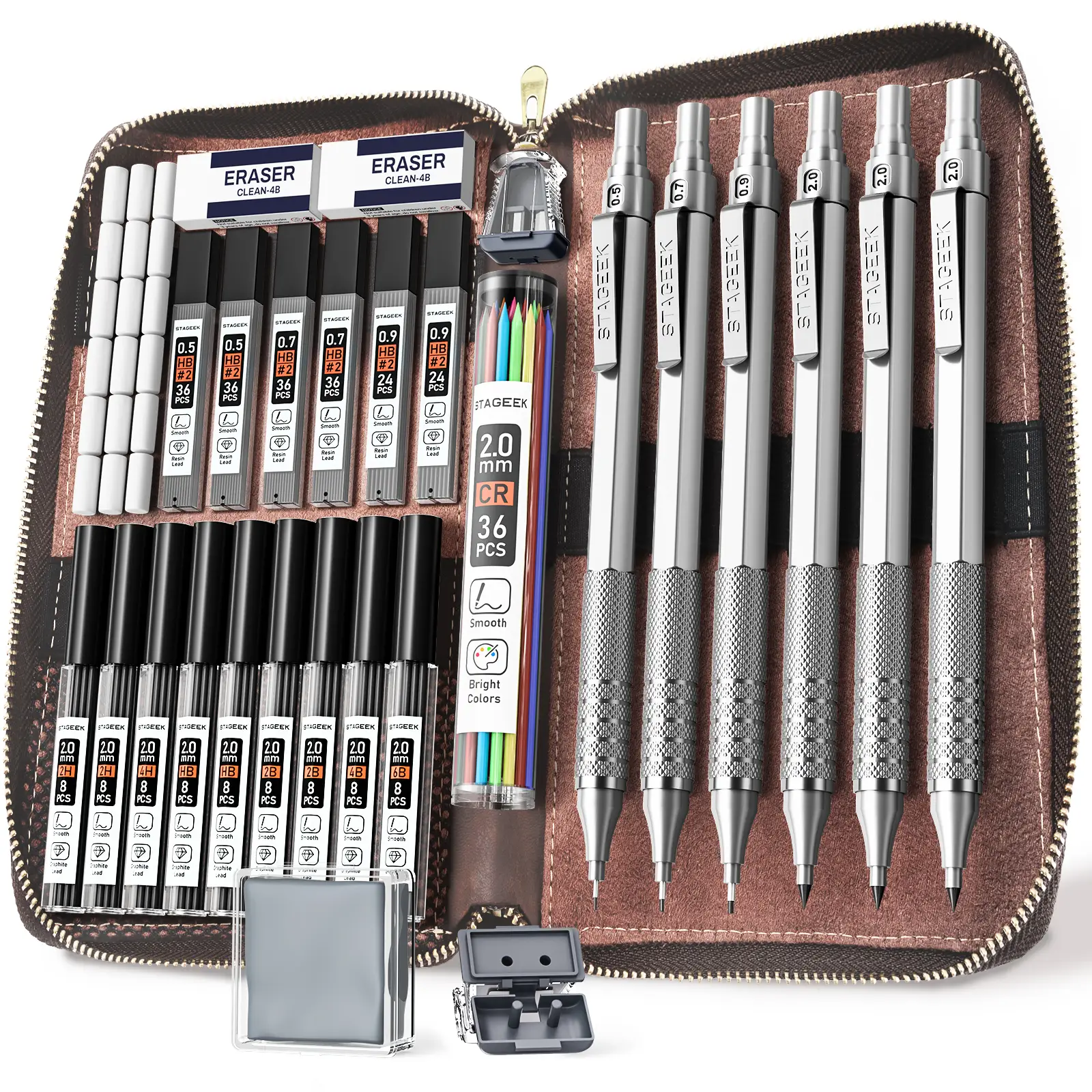 STAGEEK 30Pcs Art Metal Mechanical Pencil Set with Leather Case, 6PCS Art Drafting Pencils 0.5, 0.7, 0.9, 2.0MM Mechanical Drawing Pencils with 300PCS