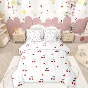 Red Cherry 7 Piece Bedding Set,Cherry Pattern Bed in a Bag,Yummy Fruit Bed Set,