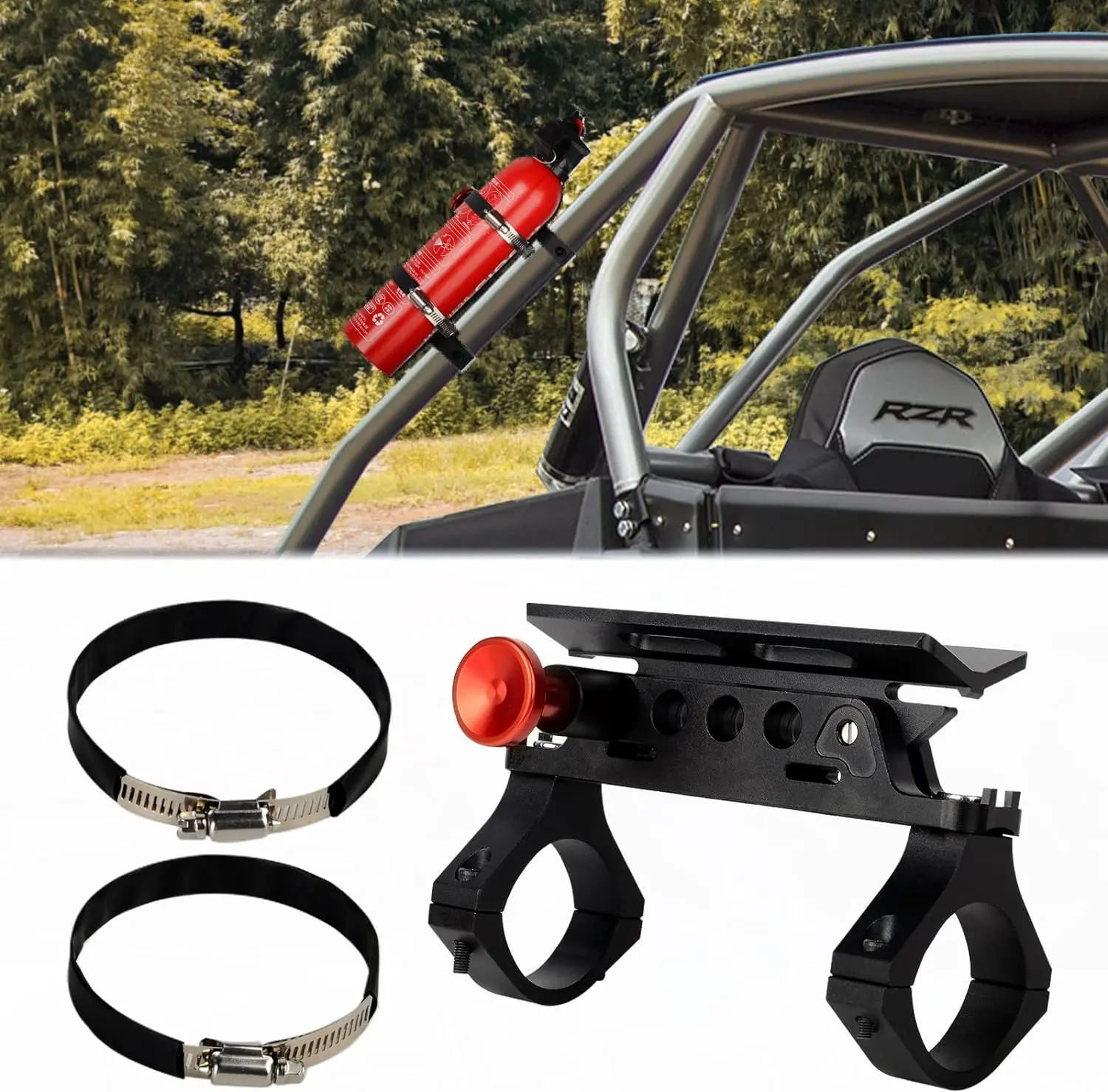 Aluminum UTV Fire Extinguisher Mount Holder - Quick Release, Adjustable, 1-Hand Install, Firm Hold, Rust-Resistant, for 1.75"-2" Roll Bars, Compatible with Polaris RZR/Ranger, Can-Am Maverick, Kawasaki ATV, RV Rear Racks