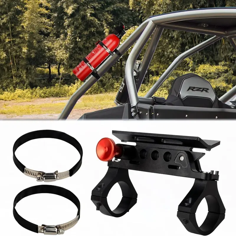 1x Aluminum UTV Fire Extinguisher Holder - Car & Kitchen Dual-Use Bottle Holder with 2 Brackets, Quick Release, Adjustable, 1-Hand Install, Rust-Resistant, Fits 1.75"-2" Roll Bars, Firm Hold, Compatible with Polaris RZR/Ranger, Can-Am Maverick, Kymco ATV
