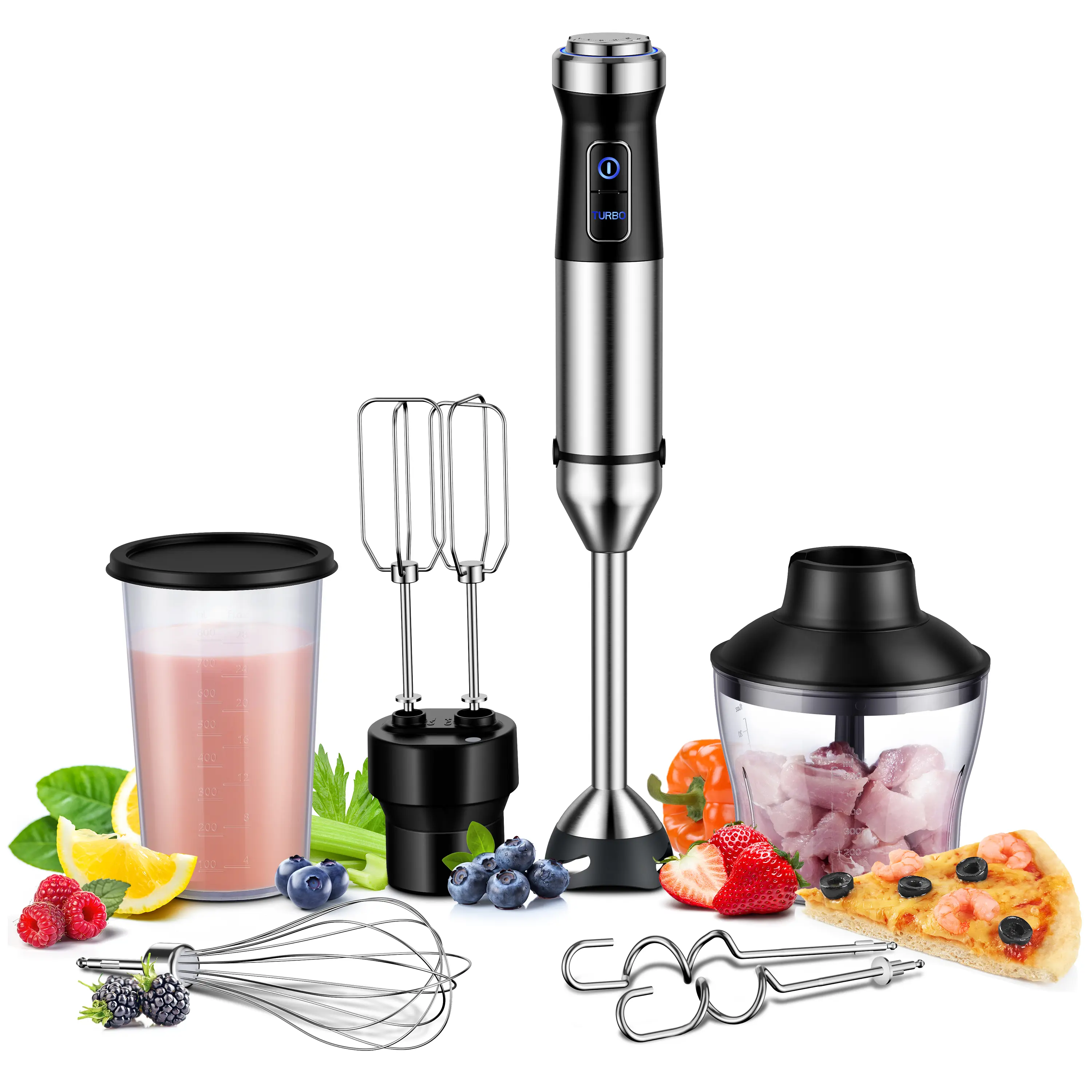 GDOR 1000W Motor Titanium Blade 6-in-1 Blender Combo, 20-Speed Handheld Blender Stick with Turbo Mode, 110-120V US Plug, Detachable Head, Scratch Proof Design, Bell Guard, Dough Hooks, Egg Beaters, Whisk, Beaker, Chopper, Shaker Cup for Smoothies, Hand He