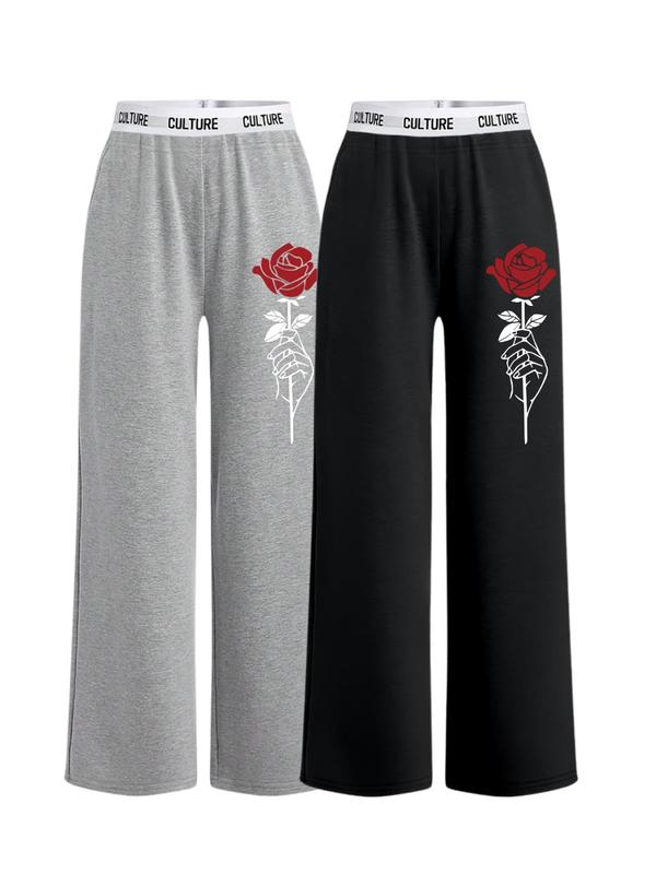 Women's Cartoon Rose Print Sweatpants, Casual Comfy Pants for Daily Wear, Ladies Bottoms for All Seasons