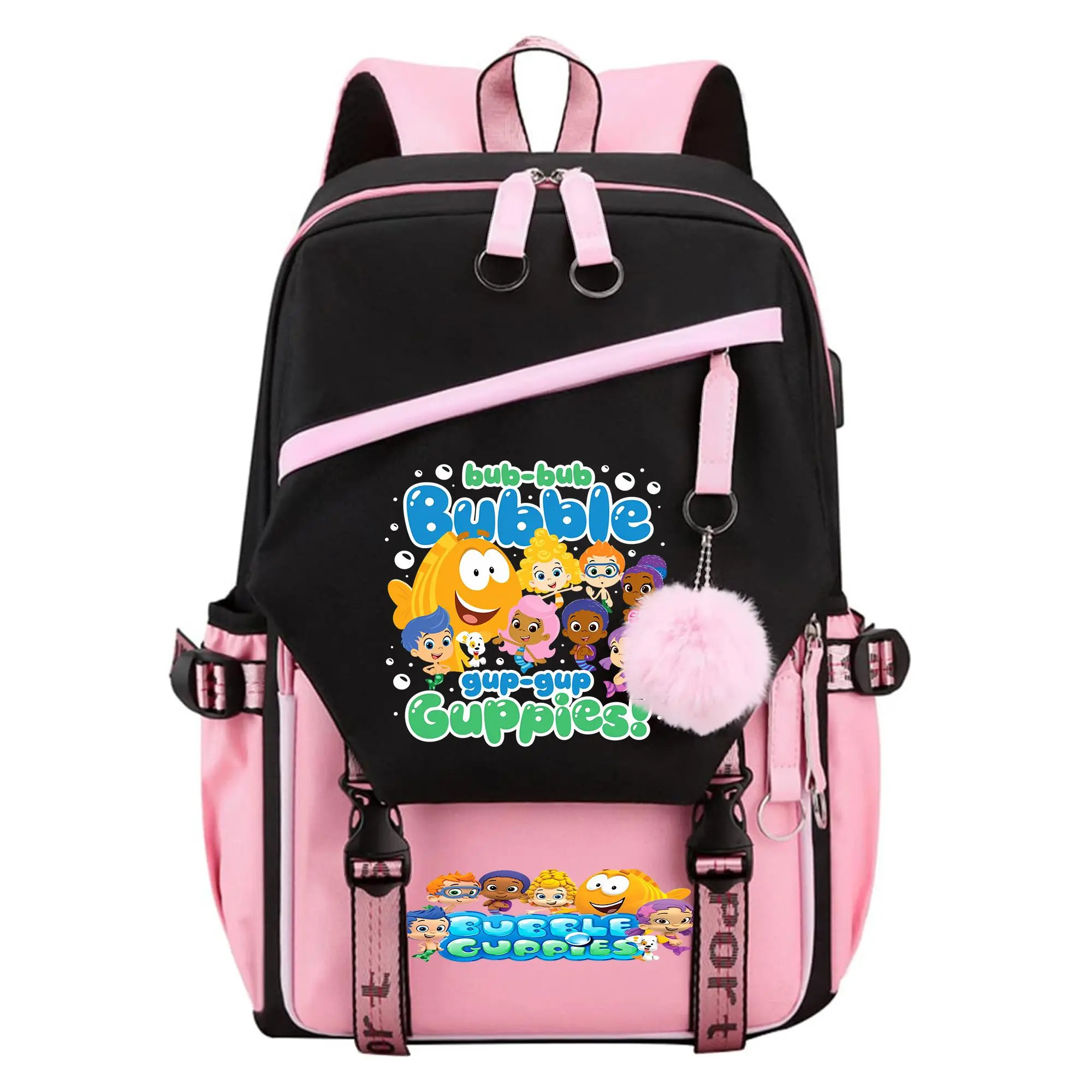 Bubble Guppies Graphic Backpack for Girls, Y2K Pink and Black School Bookbag with Keychain, Waterproof Travel Laptop Bag for Teens College d-3
