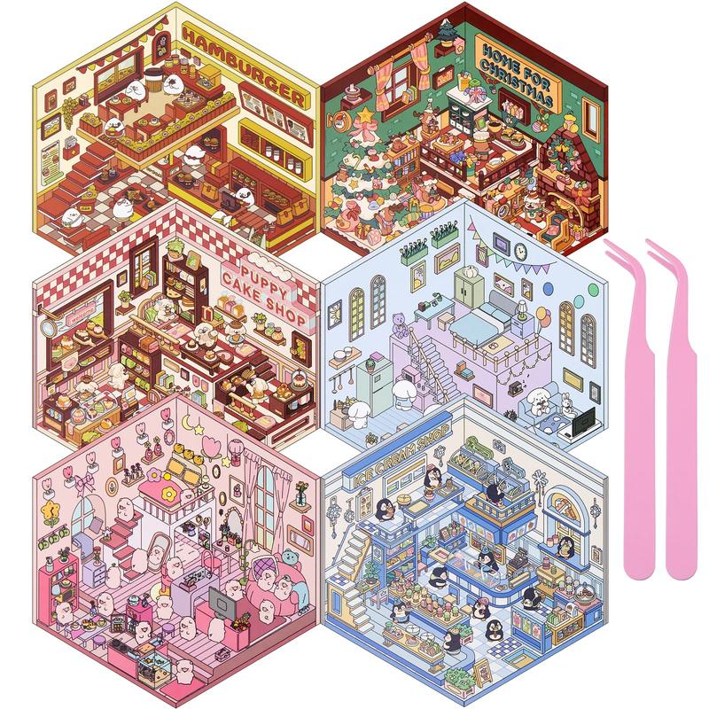 DIY 3D Sticker Scenes 6 Sets for Adults Kids, Make Your Own Mini Home/Store Scenes Stickers Animal Themes for Girls, Relieve Stress Pass The Time Craft Stickers for Journals Gifts Scrapbook Photo Album Scrapbooking