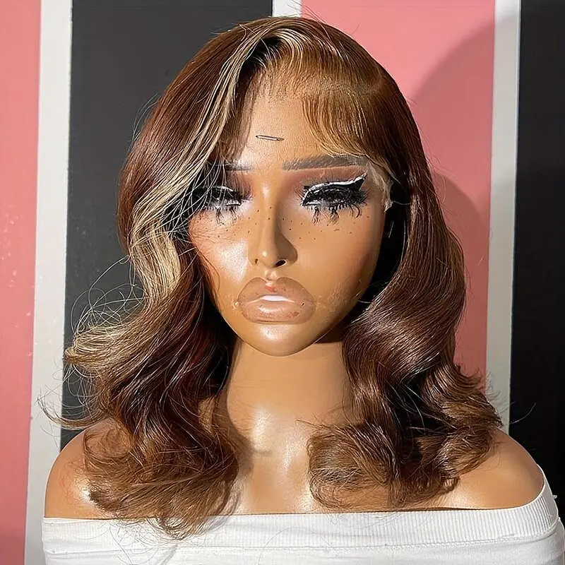 180 Density Brown Blonde Body Wave Bob Wig Human Hair 13x4 Transparent Lace Frontal Human Hair Short Bob Wig For Women Human Hair Glueless Bob Wig Human Hair Pre Plucked Short Bob Wigs for Black Women