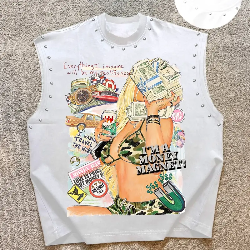 Men's Casual Fitted Sleeveless Printed Vest, Hand-Drawn Graffiti Graphic Money Print, American Streetwear Style, Comfortable Fabric for Summer, Trendy Party Wear