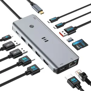 USB C Docking Station 3 HDMI, Selore 13-in-1 Docking Station 3 Monitors with Triple HDMI, 10Gbps USB A/C 3.1, 100W PD , Gigabit Ethernet, SD/microSD Card Reader for // Laptops