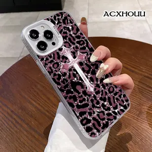Glitter Pink Leopard Cross Design Case for iPhone 17 16 15 14 Pro Max 13 12 11 XR XS Plus Shockproof Anti-Scratch Durable PC Back Protective Cover