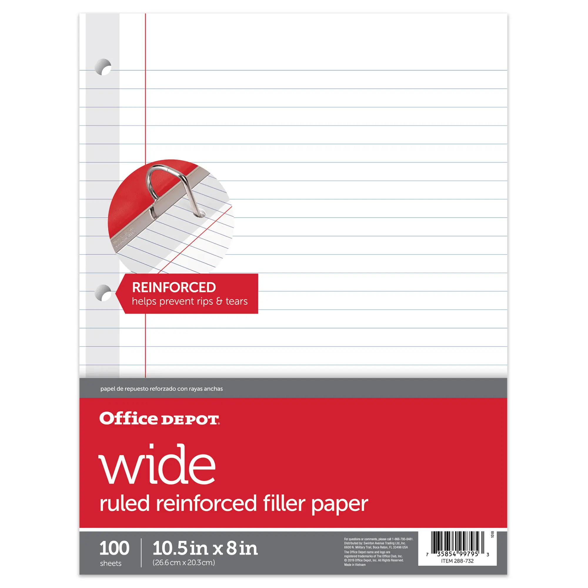 Office Depot® Brand Reinforced Filler Paper, 8" x 10-1/2", Wide Ruled, White, Pack Of 100 Sheets