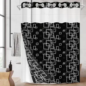 1pc hookless Removable shower curtain with buckle lining, black and white geometric square patchwork design, 2D flat printing, fabric waterproof lining, see-through double-layer shower curtain, 71 x 74 inches, modern home draping curtain