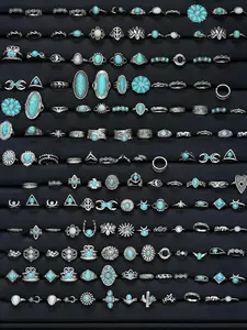 Boho Style Turquoise Decorated Ring Set, Vintage Stackable Rings for Women & Men, Fashion Accessories for Daily Wear, Trendy All-match & Exquisite Jewelry for Birthday Gift