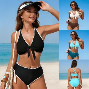 Two-Piece Set Women's Swimsuit, Tie Front Bikini Top & Overlap Waist Swim Knicker Swimwear, Ladies Summer Swimsuit for Beach Holiday Vacation Bikinis Sets