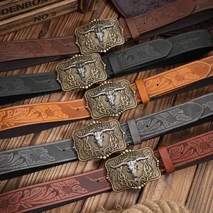 Western Cowboy Leather Buckle Belts Horse Pattern Floral Engraved Buckle Belt for Men & Women Casual