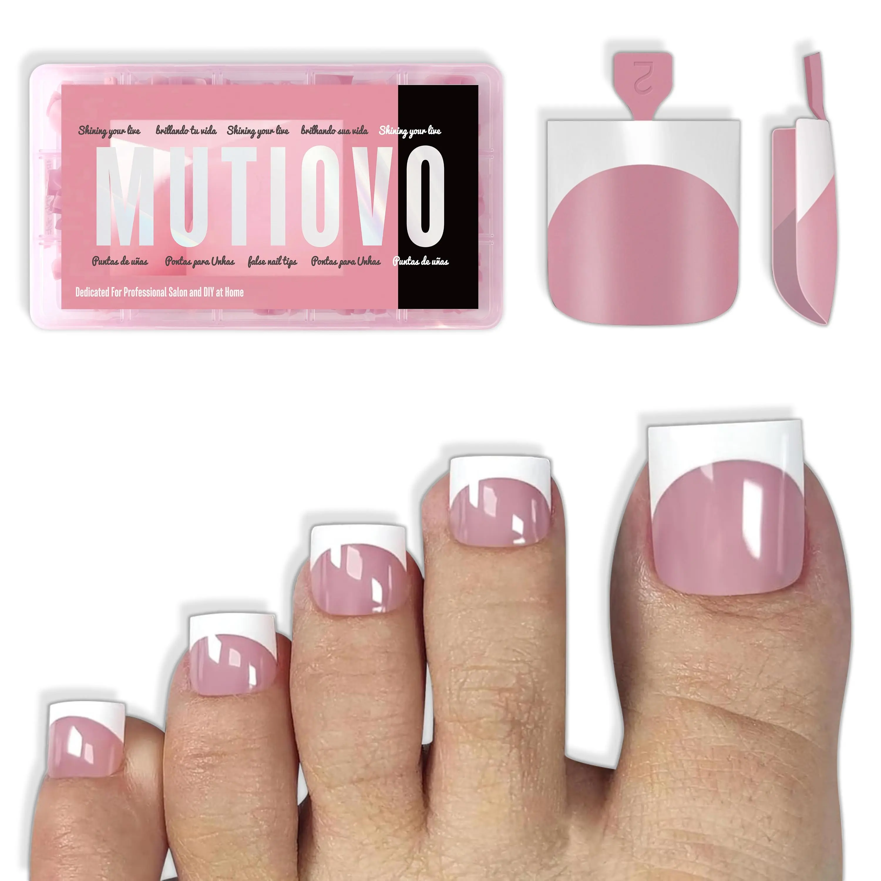 MUTIOVO French Tip Toe Nail Tips Press on, Sharp Square Pre-Designed Soft Gel False Toenail Extension, BERRY PINK Pre-applied Tip Primer & Base Coat, Full Cover Acrylic for DIY x 15 Sizes 240 pcs
