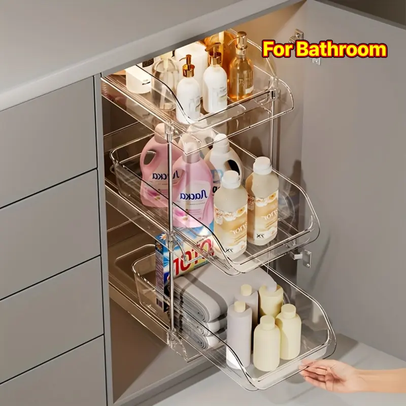 1PC 2 Tier Transparent Plastic Pull Out Bathroom Shelf Metal Pipe Under Sink Storage Organizer for Shampoo Lotion Soap in Bathroom Cabinet Countertop Bathroom Accessory Bathroom Organizing Accessories