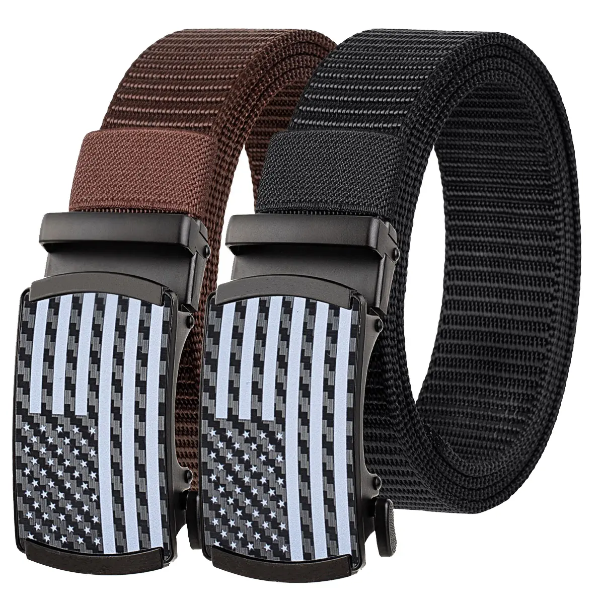 Automatic Nylon Belts for Men Black Adjustable American Flag Buckle Ratchet Belt with Stretch Elastic Nylon Strap Durable Comfortable for Jeans Golf Casual Wear and Outdoor Activities