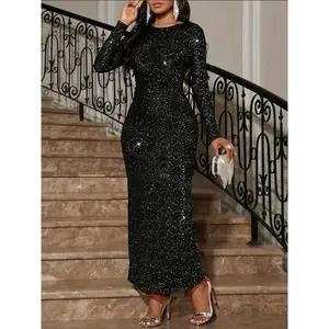 Elegant long-sleeved mermaid evening gown with sparkling sequins — slim fit, cinched waist, high neckline; suitable for formal events, parties, and banquets; women’s formal evening wear/workwear; basic black style