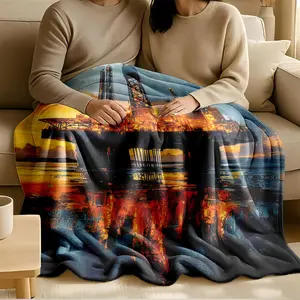 1 piece Offshore oil rig at sunset themed flannel blanket - Super soft flannel blanket, suitable for beds and sofas, all-season use, modern design, digitally printed pattern, 100% polyester material, machine washable, suitable for travel, camping