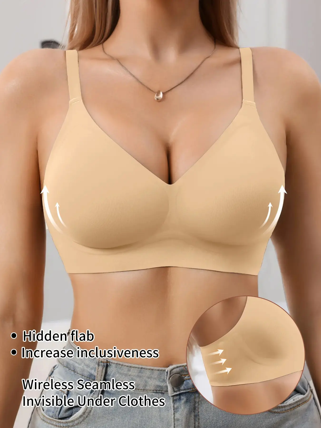 Jelly Bra Sexy V-Neck Gathered Wireless No Underwire Half Fixed Cup Pad Soft Comfort Women Daily Bra, Adjustable Strap, Medium Support, All Seasons Jelly Bra Sexy V-Neck Gathered Wireless No Underwire Half Fixed Cup Pad Soft Comfort Women Daily Bra, Adjustable Strap, Medium Support, All Seasons