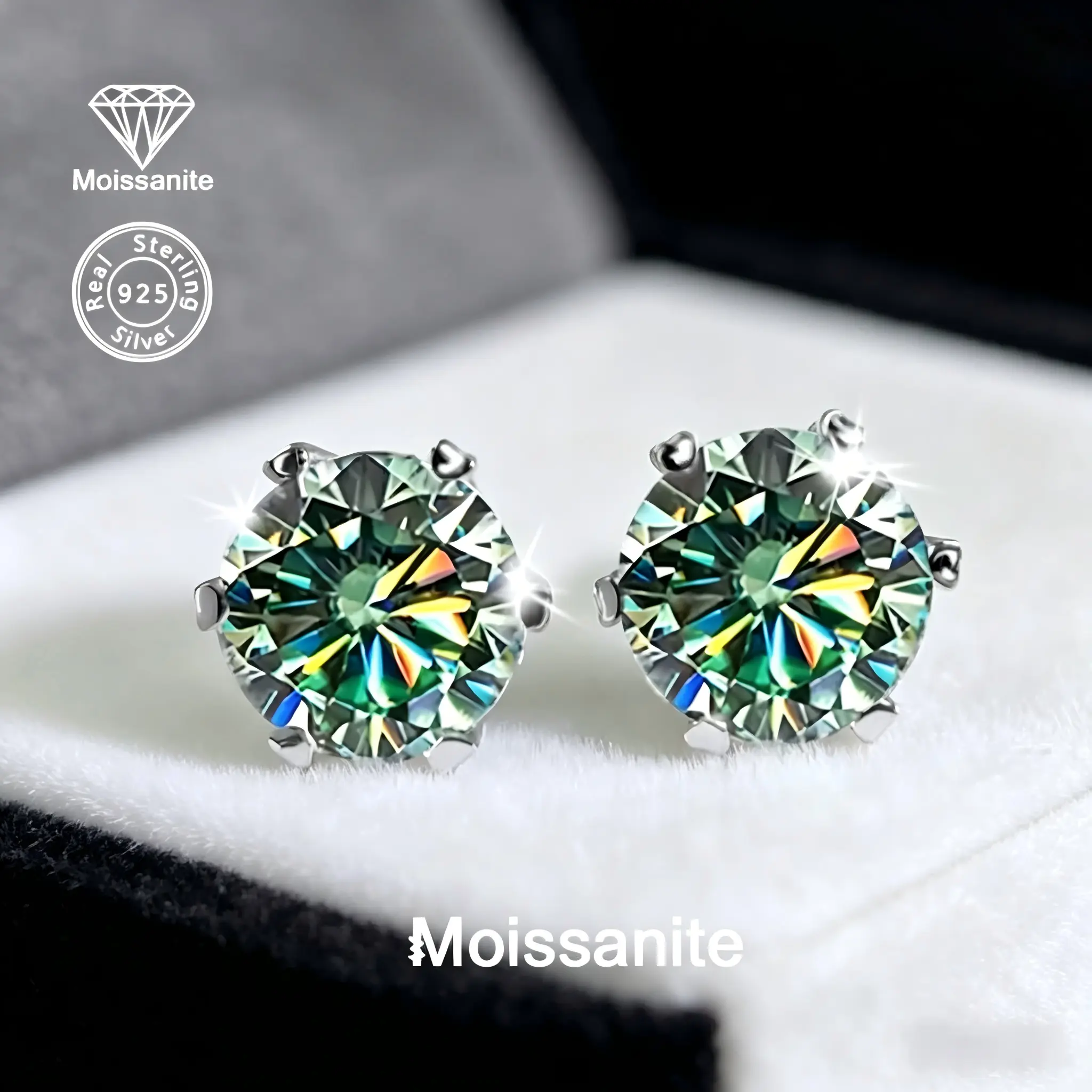 925 Sterling Silver 2 Carat Moissanite Classic Six-Prong Stud Earrings for Women, Luxury Fashion Jewelry for Daily, Vacation, Party, Wedding & Bridal Wear, Ideal Gift for Valentine’s Day, Christmas, Halloween, New Year & Mother’s Day