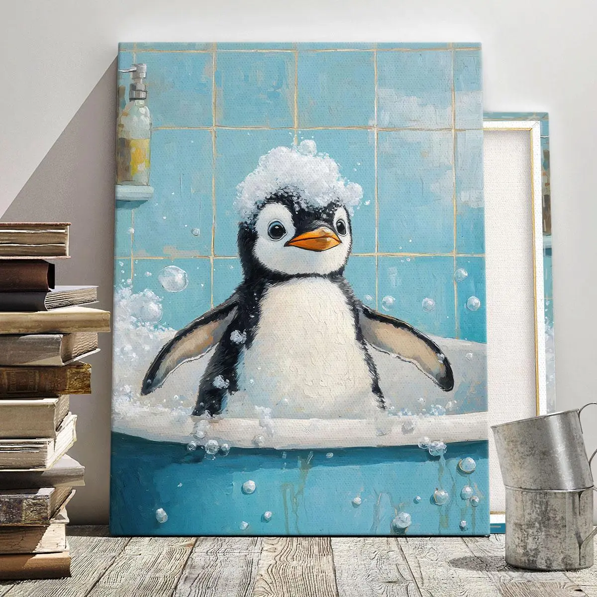 Penguin Bathing Pattern Unframed Painting, Unframed Art Print, Modern Art Design Canvas Wood Wall Art, Wall Decor for Home Living Room Bedroom Office, Bathroom Wall Art, Ornaments, Decoration