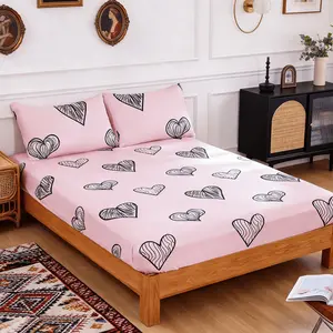 3-Piece Heart Pattern Fitted Sheet Set, Includes 1 Fitted Sheet & 2 Pillowcases (Inserts Not Included). Vintage French Country Style, Ultra Soft Fabric, Perfect Gift for Bedroom Decor
