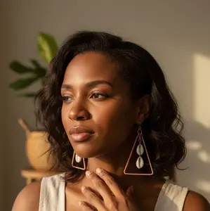 Fancy Wire Triangular Copper and Cowrie Shell Earrings - Stylish and Unique Design - Perfect for Any Occasion