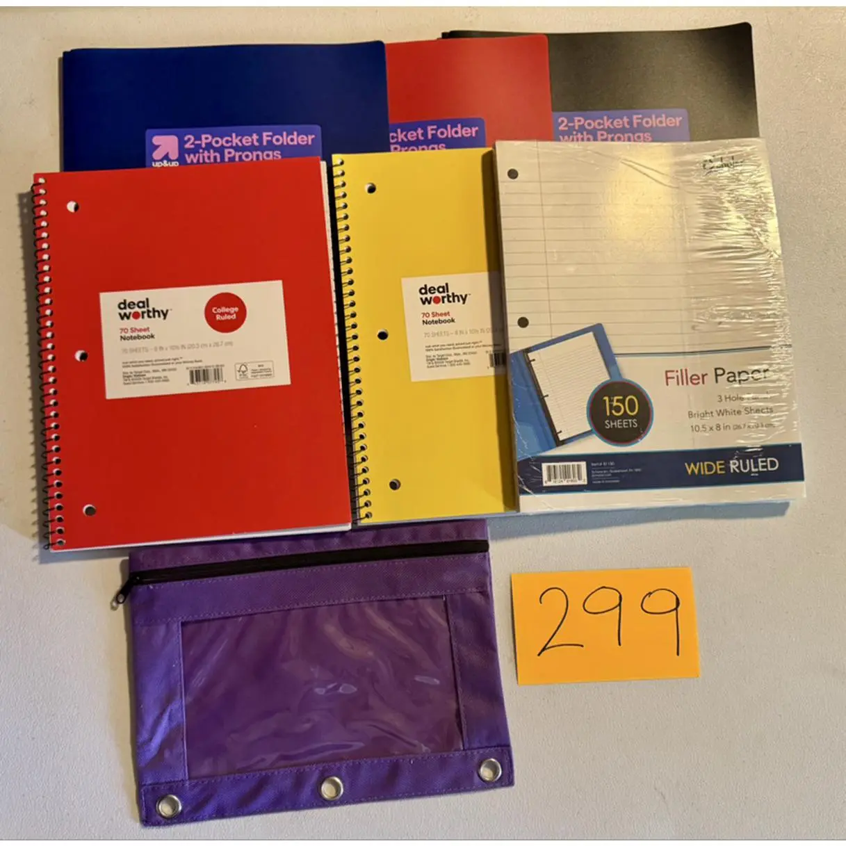School Supplies Kit #299 - 3 Folders, 2 Notebooks, 1 Wide Ruled Paper, 1 Pencil Pouch, Deal Worthy Brand, 150 Sheets