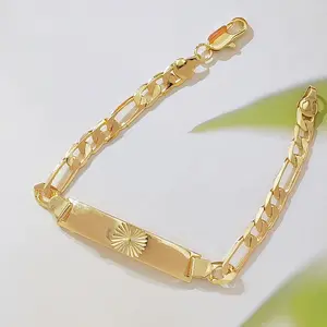 14K Gold Plated Figaro Link ID Bar Bracelet with Sunburst Engraving, Personalized Engravable Nameplate Bracelet for Women, Minimalist Adjustable Everyday Jewelry