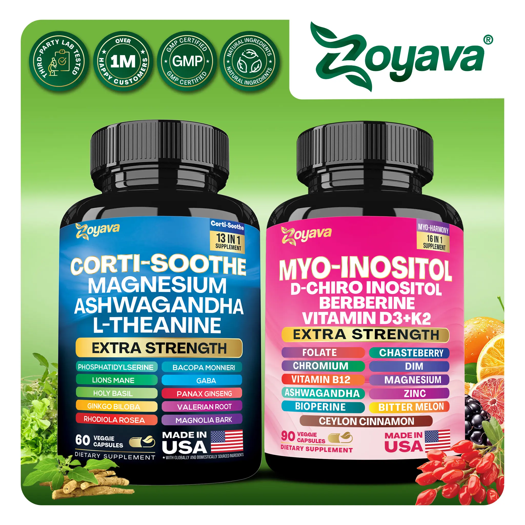 Soothe & Smooth Bundle - Zoyava Cortisol and Myo-Inositol All-in-One Dietary Supplement - Multivitamin Combo with Extra Strength Ingredients for Fitness & Healthcare - MADE IN USA