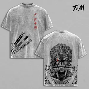 Roronoa Zoro Washed Tee  – One Piece Anime Pirate Hunter Santoryu Three Sword Style Manga Graphic Double Printed T-Shirt, Menswear Heavy Cotton Unisex Oversize Streetwear Vintage