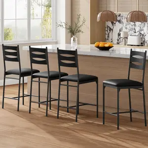 Comfortable bar stool set of 4 – Upholstered bar stools with wooden backrest & metal legs, faux leather seat, with footrest, modern for kitchen island & counter – Black wood look, 4-pack