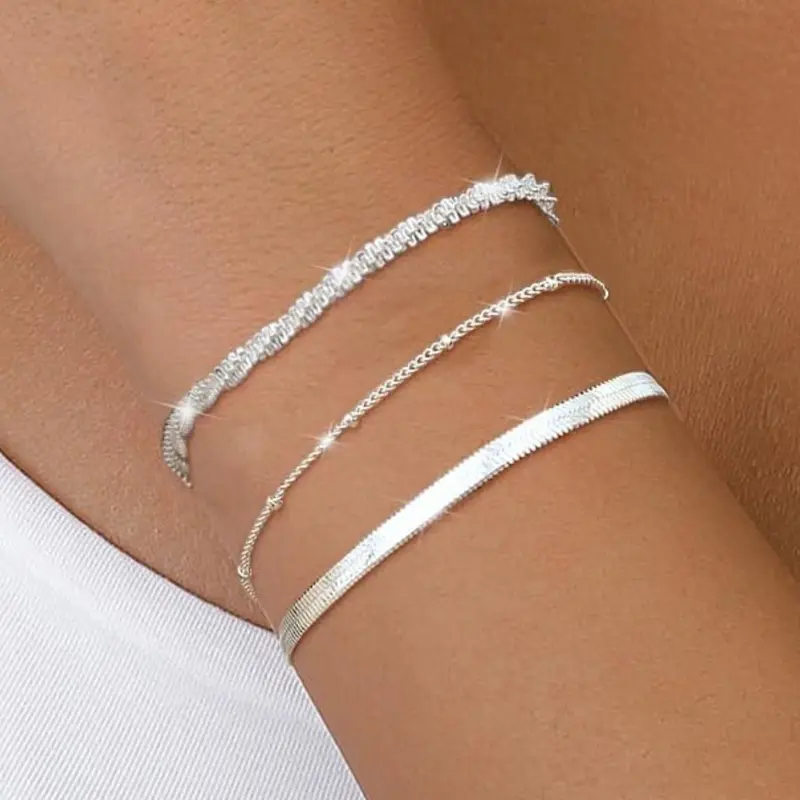 Sterling Silver Color Bracelets for Women, Layered Dainty Link Chain Design, Adjustable & Stackable Jewelry for Everyday Wear, Pretty Bracelet, Stacked Design Bracelets