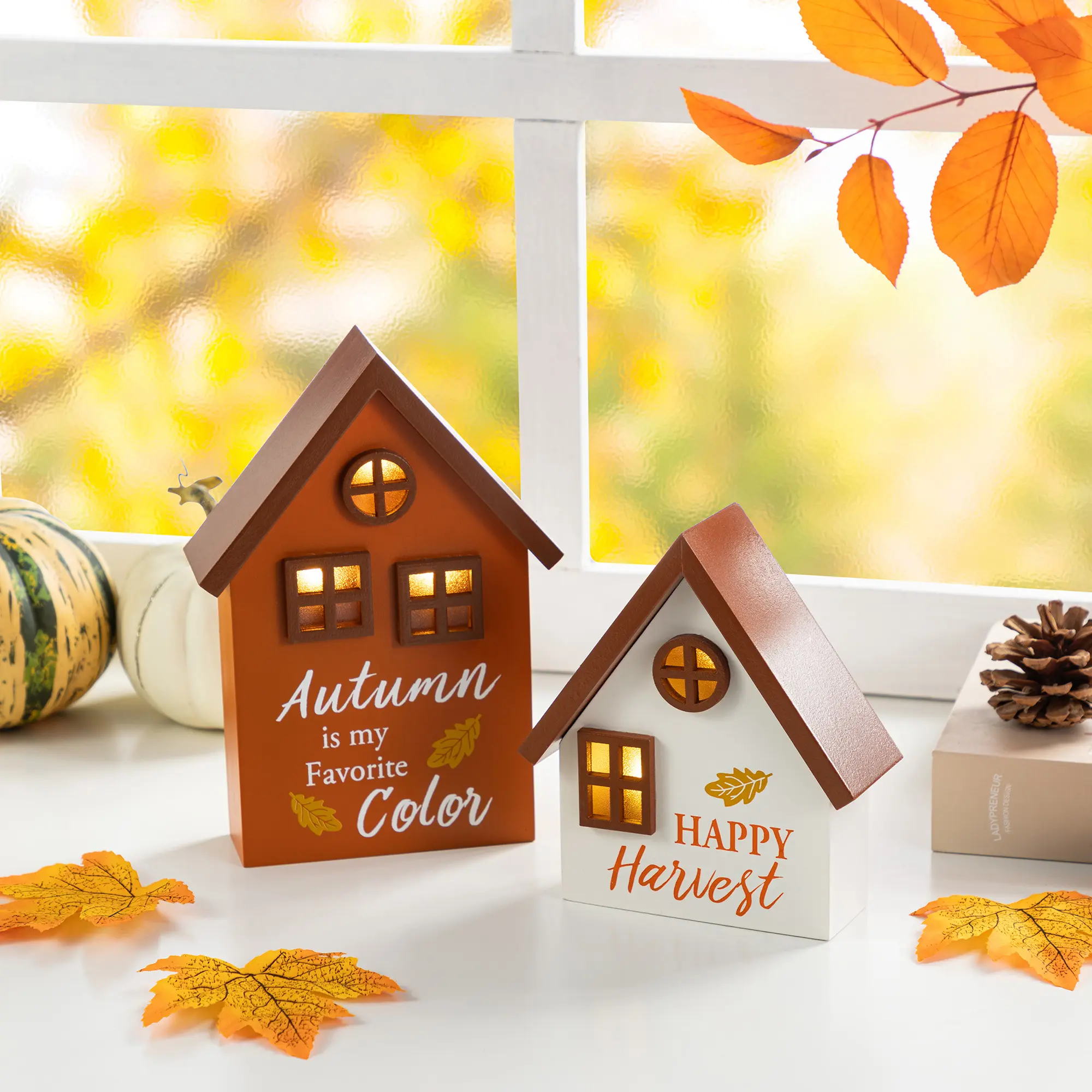 8"H S/2 Lighted Fall Wooden House-shaped Table Decor
