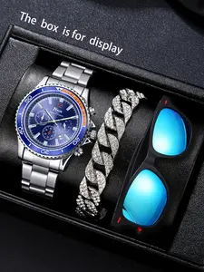Men's Analog Quartz Watch, Silver Color Case, Fashionable Design, Includes Diamond Bracelet & Sunglasses, All Seasons Wear