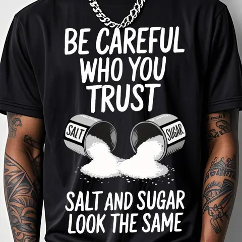 Men's Outdoor Fitness T-Shirt with Salt Pattern Print - Beware of Spoken Words from People You Trust - Short-Sleeve Crew Neck Top - 200g Cotton Breathable Stretch Fabric