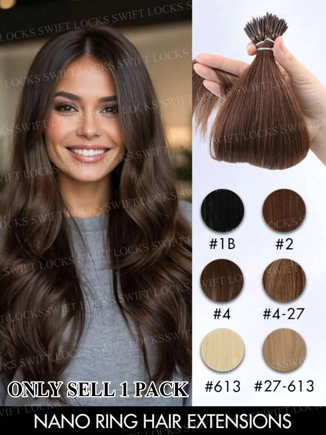 50pcs Nano Silicone Rings Human Hair Extensions, Natural Long Straight Hair, 100% Real Hair Invisible Copper Ring Salon Extensions, Glueless Human Hair, Natural Looking Hair