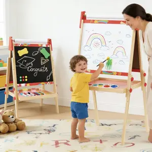 Kids Art Easel Set, paper rolls, height-adjustable wooden double-sided magnetic blackboard and whiteboard art station, Ages 3-12, Birthday Gift for Girls & Boys