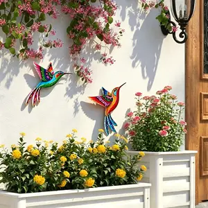2 Pack Colorful Metal Hummingbird Decorative Wall Art, Hand-Painted 3D Bird Sculpture, Waterproof Decor for Outdoor & Indoor Use