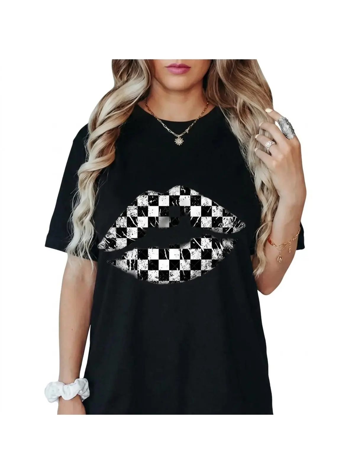 Premium Soft Cotton Unisex Black & White Checkered Lips Crew Neck Graphic Print Tee Summer Wins Birthday Gift Casual Summer Daily Tee summerwins Fit Top