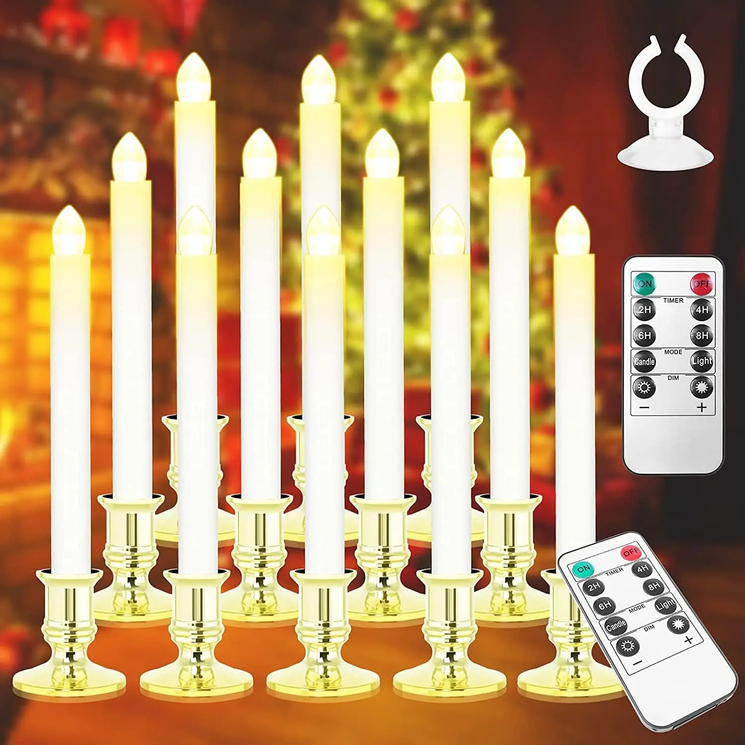 Window Candles 12 Pack  Operated Candle with 2 Remote Controls Timer Flameless Taper Candles Removable Golden Holder and Suction Cup for Christmas Decorations