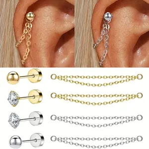 Cartilage Earring with Detachable Chain - 16G/18G Helix Tragus Piercing Jewelry Stud with Double Dangle Chain, 2 Colors Set for Women