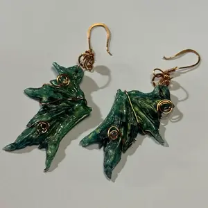 Handmade Green Dragon Wing Earrings with Copper Wire Wrap | Fantasy Statement Earrings